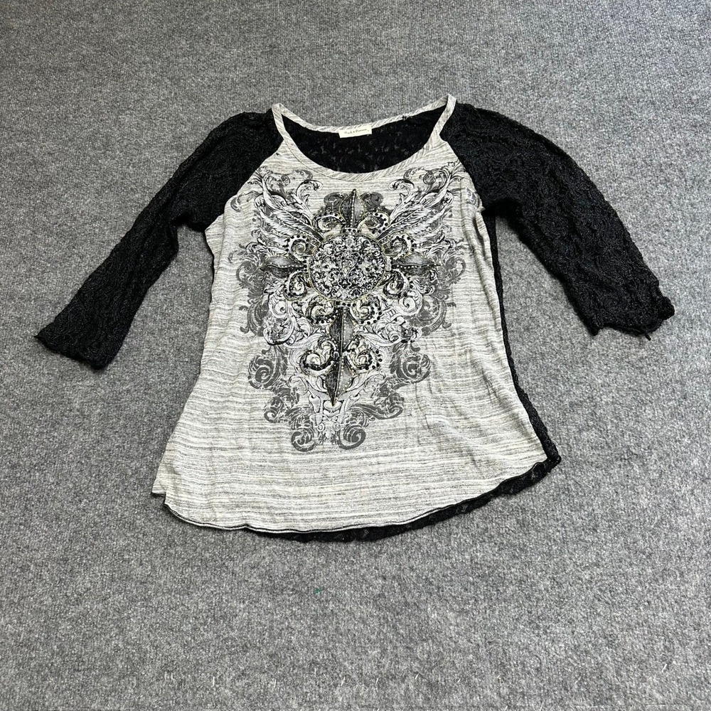 Angels & Diamonds Top Womens Size M Gray Black Lace Graphic Rhinestone Y2K Style